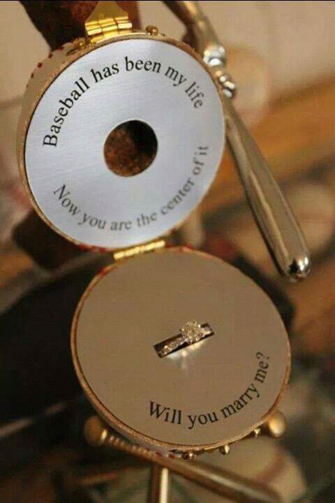 proposal, baseball, ring and couple