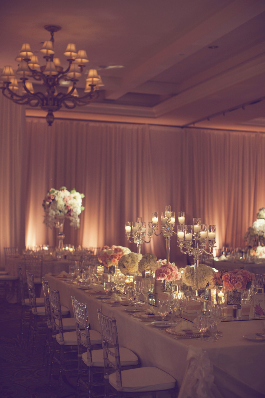 pink, chandelier, reception and white