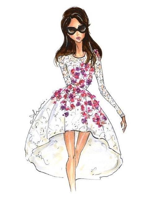 girl, drawn, flowers and dress