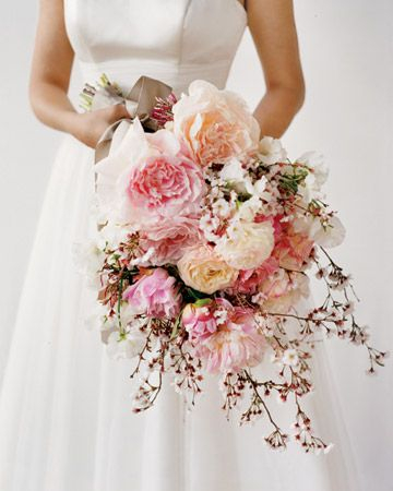 cherry blossom, bouquet and wedding dress