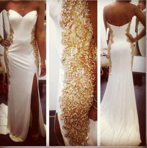 blue and black, white dress, gold and prom dress