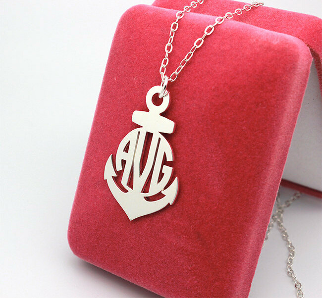 wedding gift, christmas gift, monogrammed necklace and anchor necklace