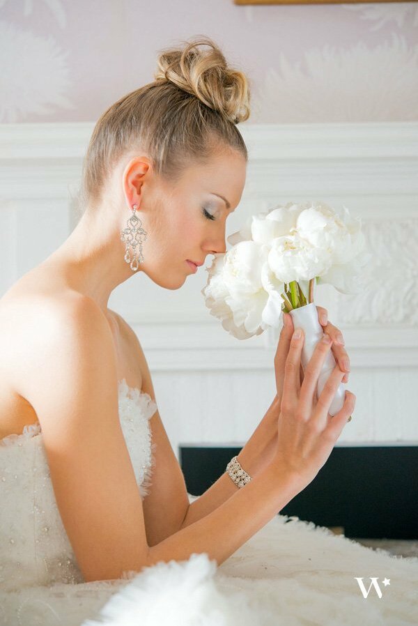 peonies, hairstyle, bride and jewellery