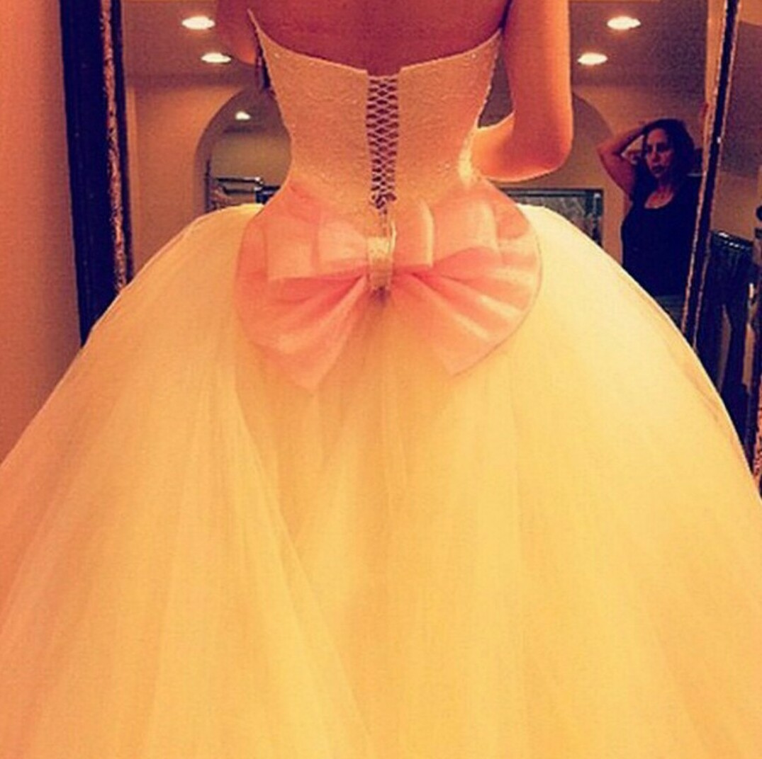 pink bow, white, gown and dress
