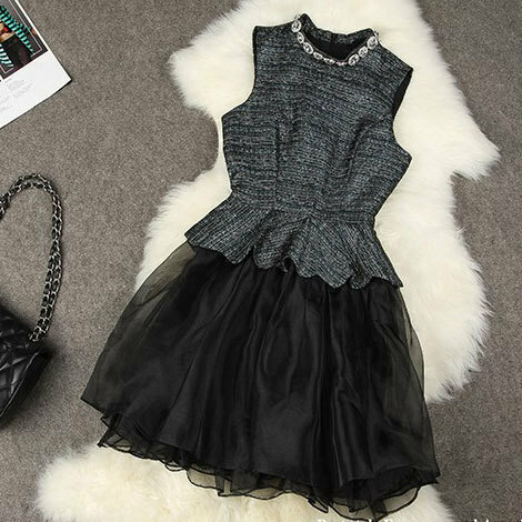dress, bowknot, black and golden and flower