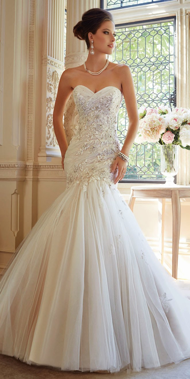trumpet, sparkles, wedding dress and embroidery