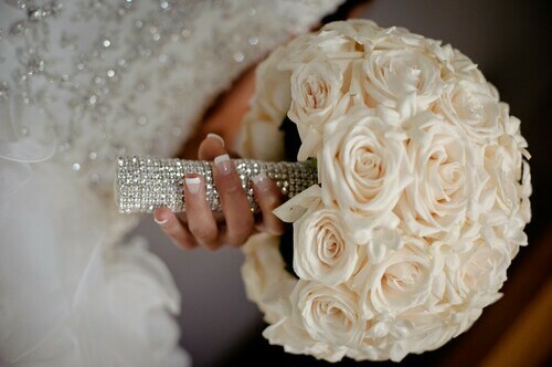 wedding gown, pink and crystals