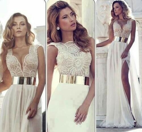 white lace, wedding dress, gold belt and curly hair