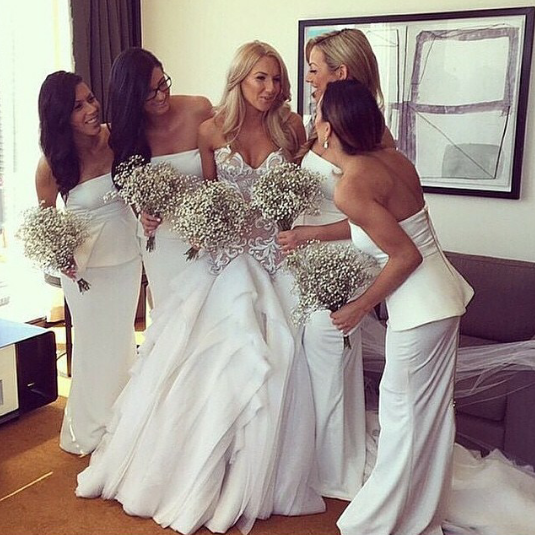 bride, white, flowers and bridesmaids