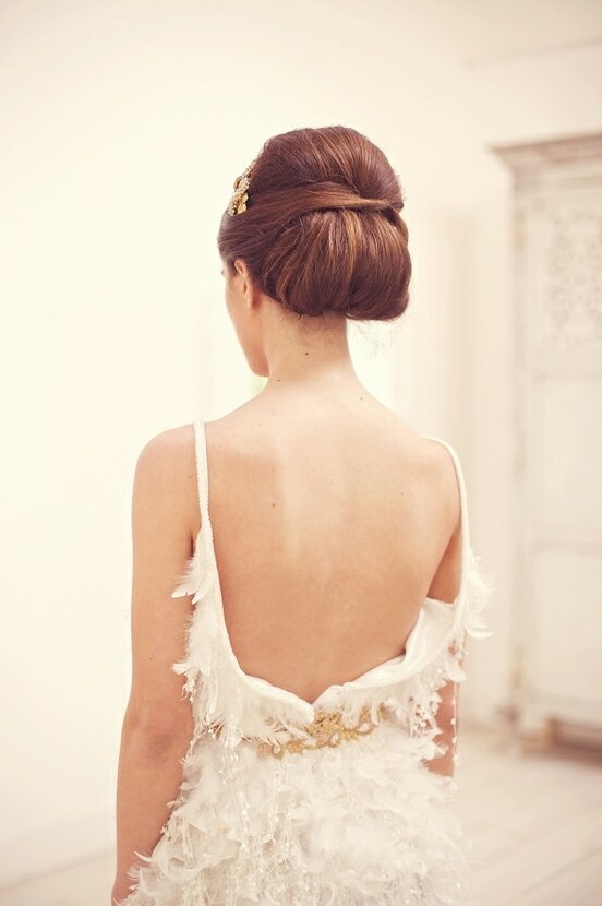 fashion, feathers, brunette and updo