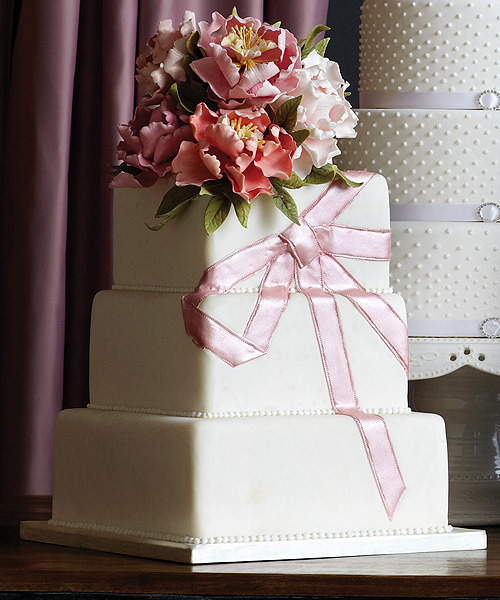 cake, wedding cake, bow and peony