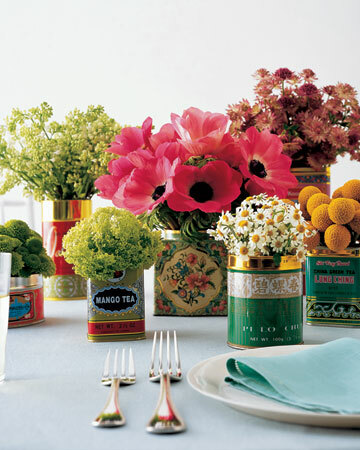 tea tin, flowers and table