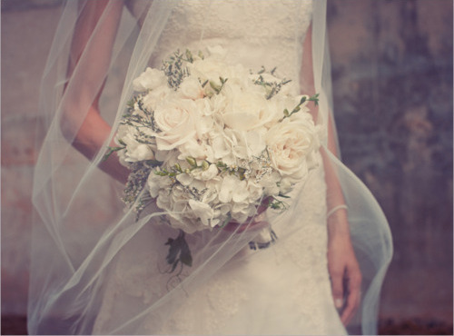 wedding dress, flowers and veil