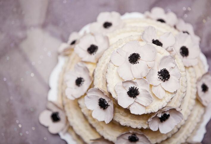 flowers, black and white, anemone flower and cake