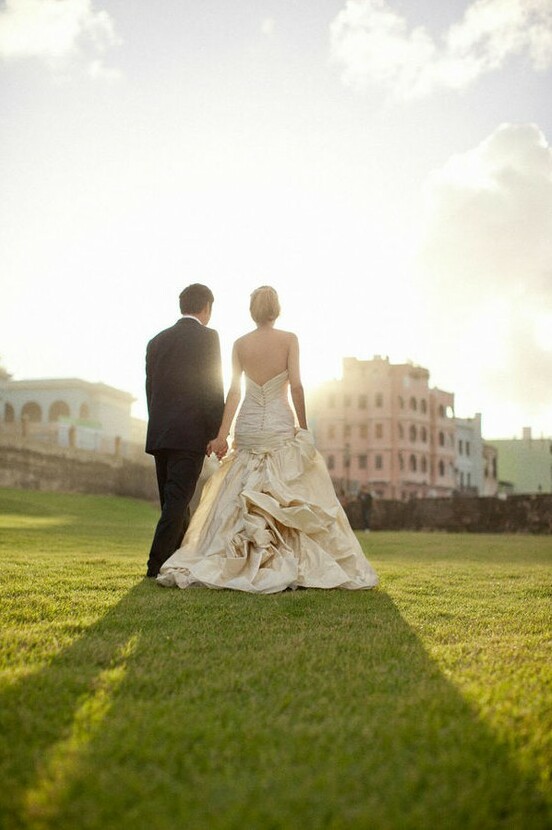 love, sunset, groom and wedding dress