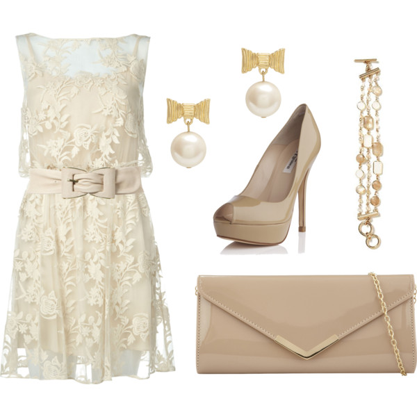 bow, cream, heel and belt