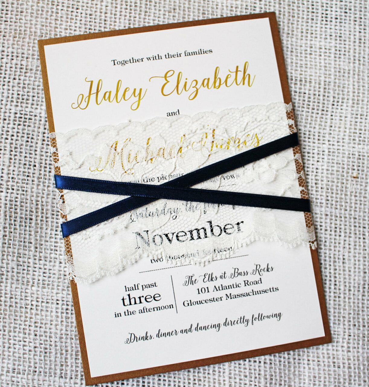 gold, rustic wedding invitation, gold wedding invitation and navy