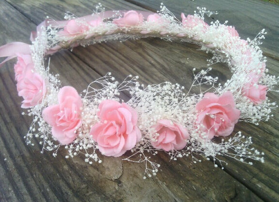 rose crown, baby's breath and pink rose headband