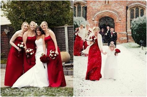 red wedding dress, winter wedding and red bridesmaid dresses