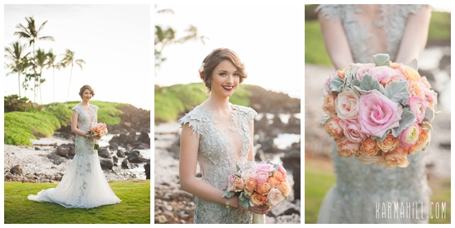 pastel bouquet, bride and simple maui wedding
