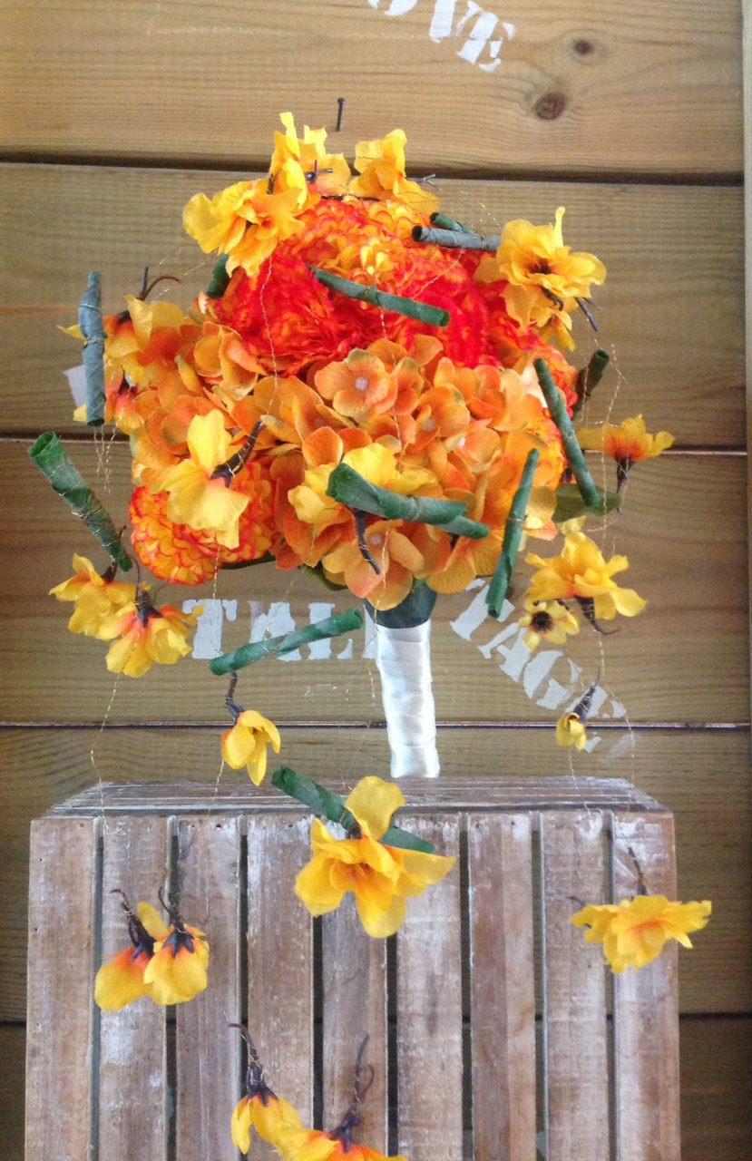 silk wedding flowers, orange bouquet, silk bridal flowers and bridal flowers