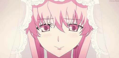 pink eyes, mirai nikki and pink hair