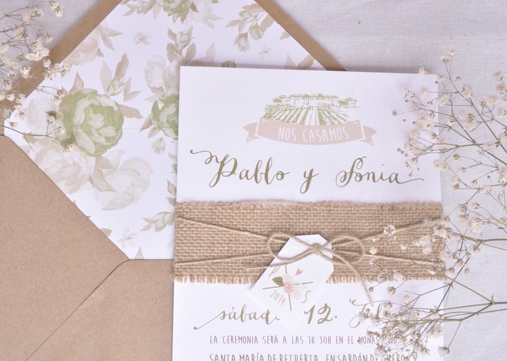 wedding invitations, vinedo, loop and flores