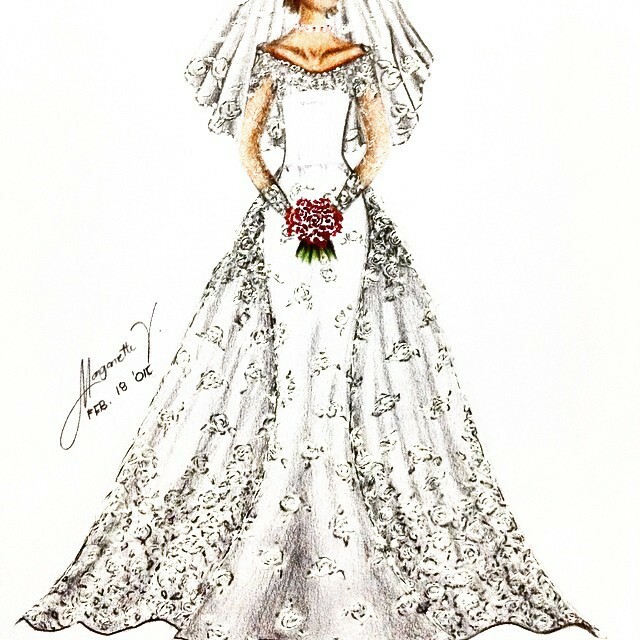 charcoal, illustration, wedding gown and designer