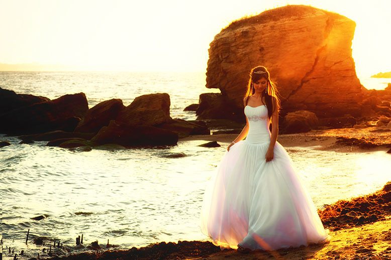 dress, rocks, sea and sunset