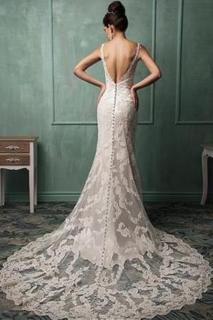long train, summer wedding dress and v-back wedding dress