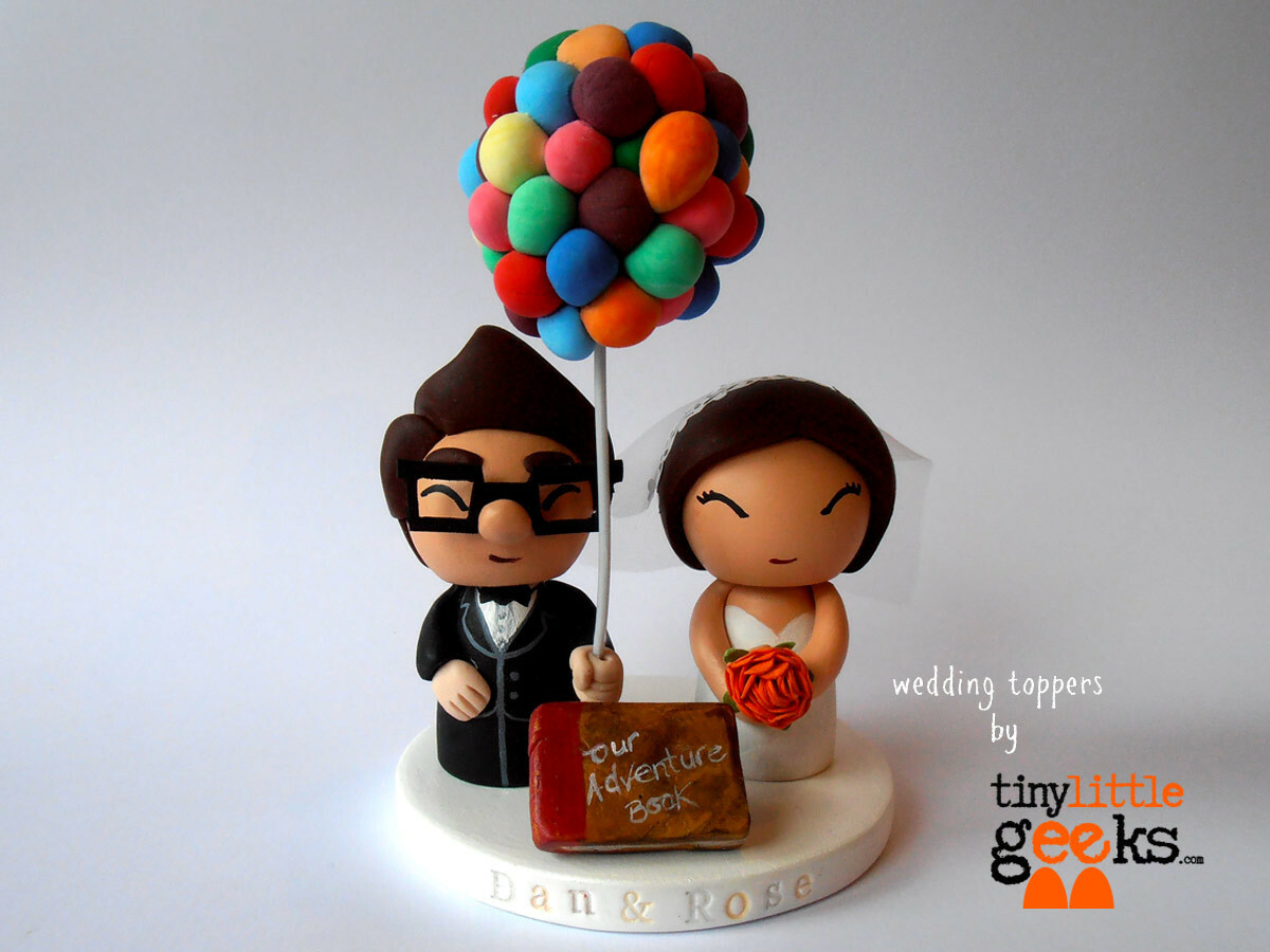 carl and ellie, tiny little geeks, cake topper and wedding cake topper