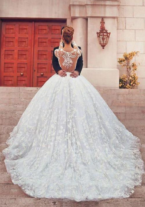 cinderella style, floral, lace and sleeved