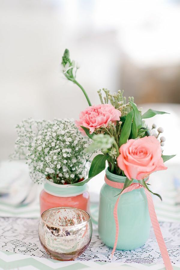 centerpiece, pink, mason jar and shabby chic