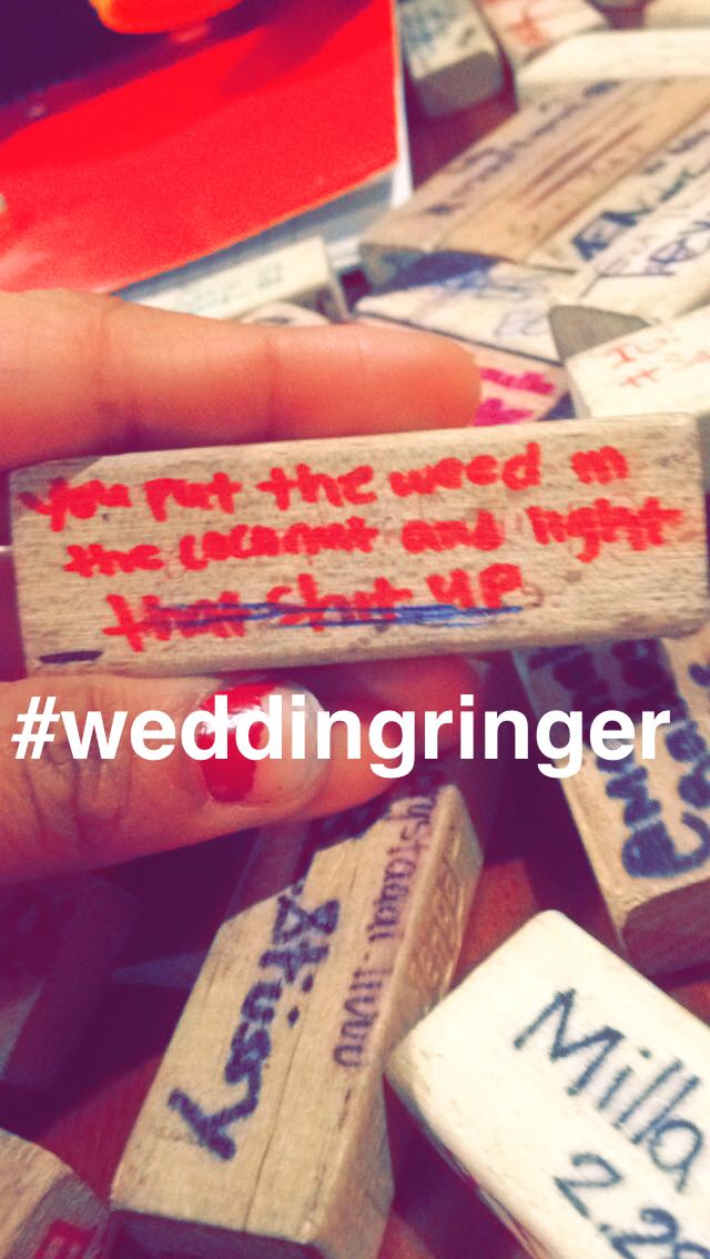 Jenga, lmfo, wedding ringer and coconuts