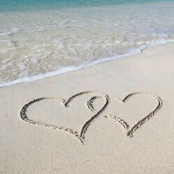 couple in love, beach and hearts