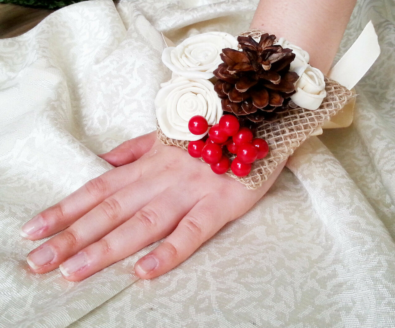 wristcorsage, solaflower, winterwedding and burlapwedding