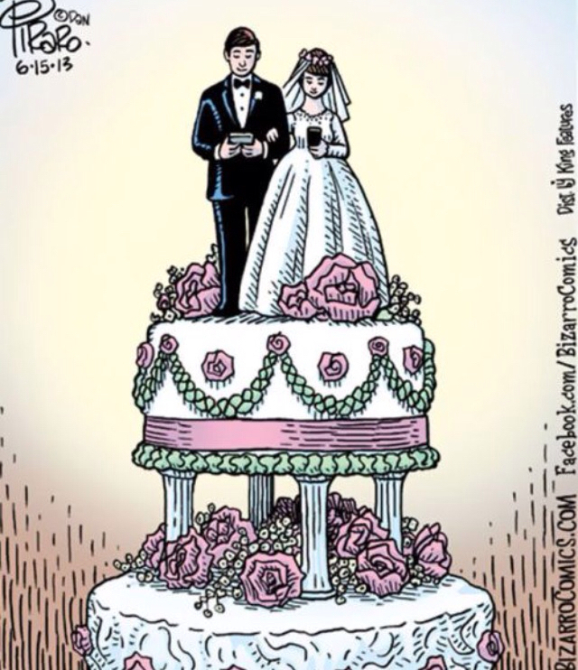 smartphones, status update, century and wedding cake