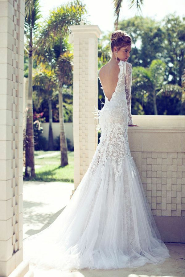wedding dress, sleeved, backless and chiffon