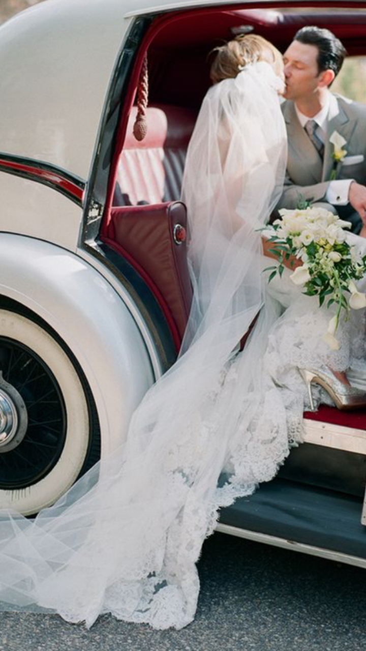 flowers, classic car, happy and romantic