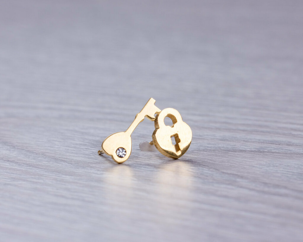 wedding gift, key earrings, key locket and tiny stud earrings