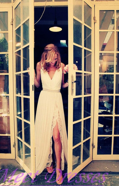 formal dress, slit boho and wedding gown