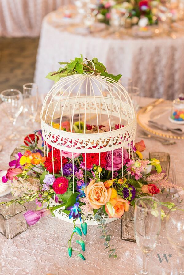 centerpiece, decor, birdcage and flower