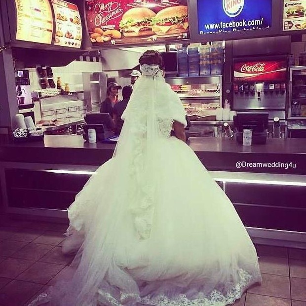 hungry, weddingdress, mc donald and dress
