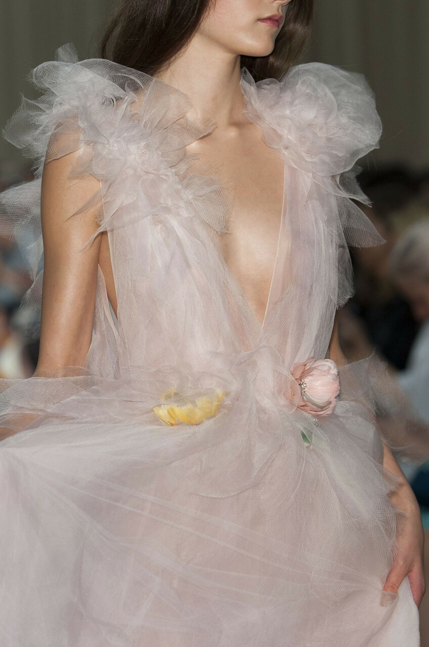 haute couture, brunette, tender and Marchesa