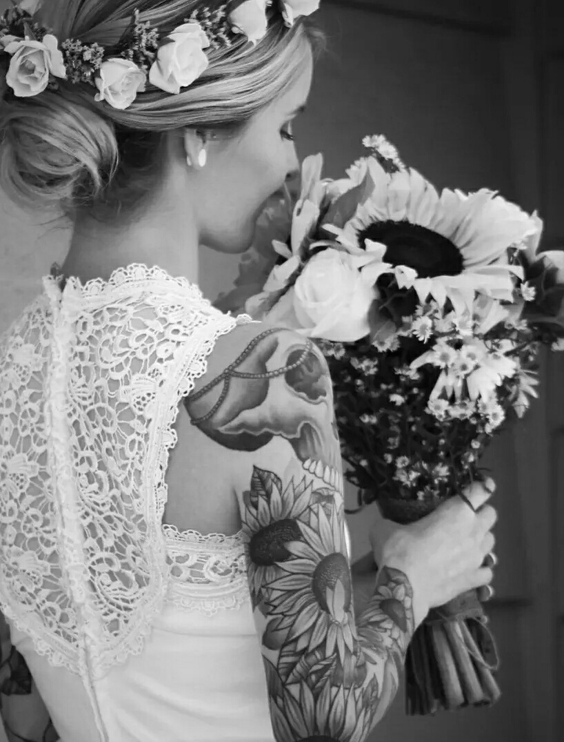 flowers, bride, skull and tattoo