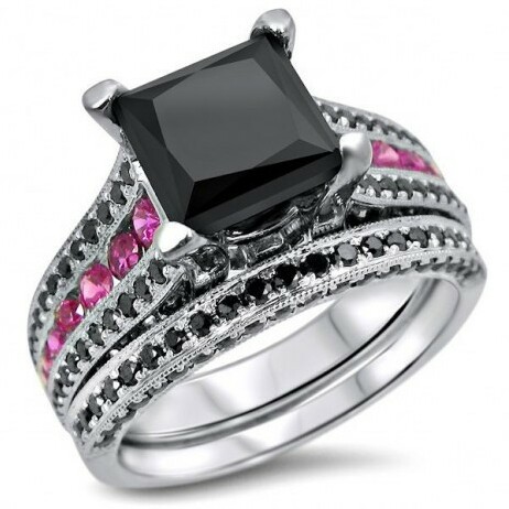 black diamond ring set, princess black diamond, bridal ring set and wedding ring set
