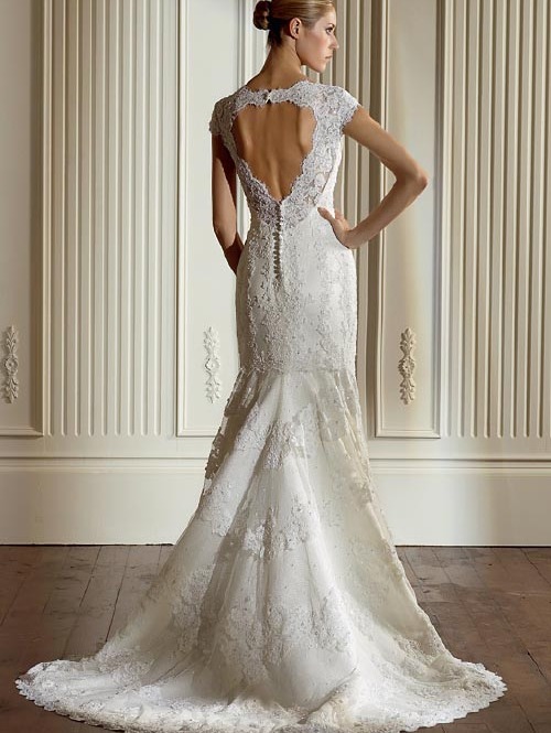 wedding dress, short sleeve, lace and open back