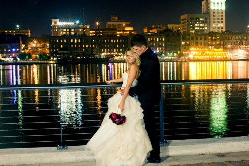 bride and groom, city and water