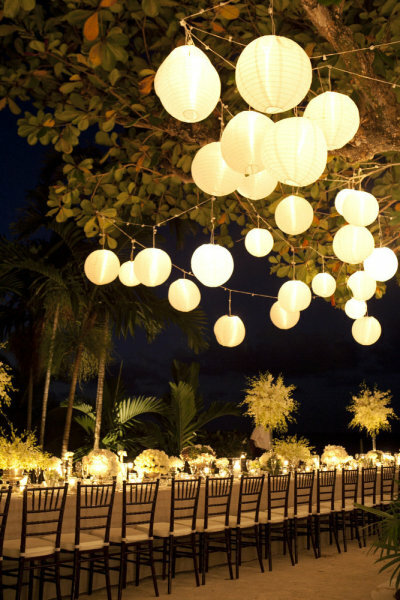 garden party, hanging decorations and fairy lights