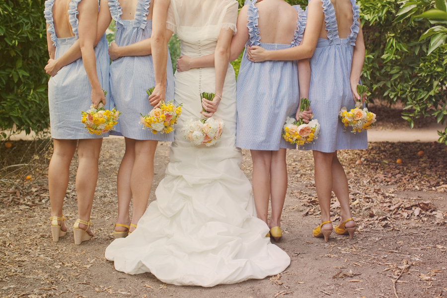 wedding dress, bride, yellow heels and bridesmaids